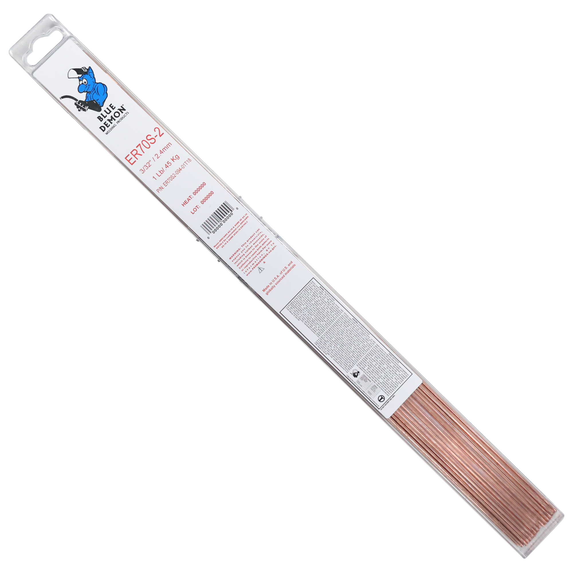 Blue Demon, 3/32in. X 18in. Carbon Steel Tig Rod, Diameter 3/32 in, Length 18 in, Model# ER70S2-094-01T18